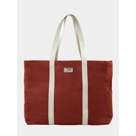 Sac de plage brique vu de face avec étiquette et marquage visible