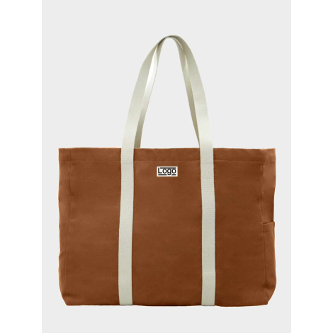 Sac de plage cuivre vu de face avec étiquette et marquage visible