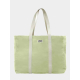 Sac de plage vert d’eau vu de face avec étiquette et marquage visible, poche latérale apparente Sac de plage vert d’eau vu de face avec étiquette et marquage visible, poche latérale apparente
