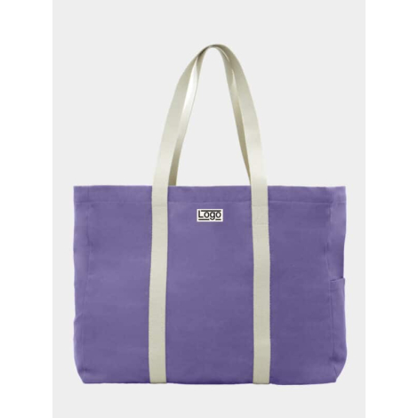 Sac de plage lavande vu de face avec étiquette et marquage visible