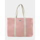 Sac de plage saumon vu de face avec étiquette et marquage visible, poche latérale apparente Sac de plage saumon vu de face avec étiquette et marquage visible, poche latérale apparente