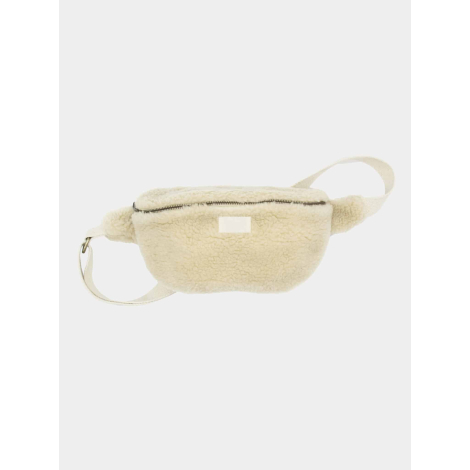 Sac banane en moumoute écrue vu de face avec zone vierge, sans marquage apparent.