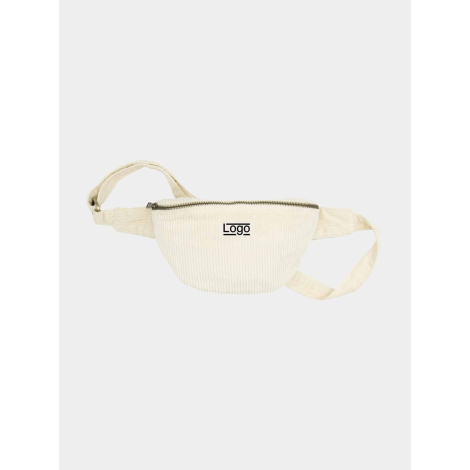 Banane publicitaire en velours coton bio clair vue de face avec fermeture zippée supérieure et personnalisation visible centrée.