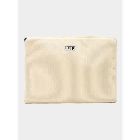 Housse ordinateur publicitaire personnalisable en velours coton bio beige format M 15 pouces avec marquage visible centré sur la
