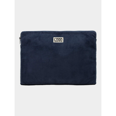 Housse ordinateur publicitaire personnalisable en velours coton bio bleu foncé format M 15 pouces avec marquage apparent sur la 
