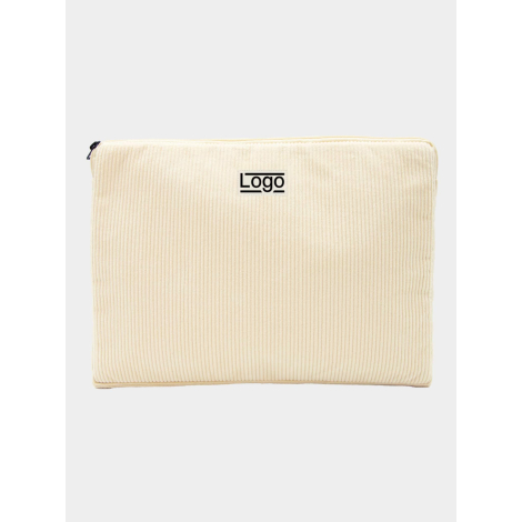 Housse ordinateur publicitaire personnalisable en velours coton bio clair format S 13 pouces avec marquage visible centré sur la