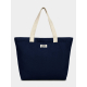 Sac cabas bleu foncé vu de face avec deux anses longues claires et étiquette rectangulaire centrée, personnalisation visible sur Sac cabas bleu foncé vu de face avec deux anses longues claires et étiquette rectangulaire centrée, personnalisation visible sur