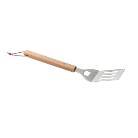 Spatule de barbecue présentée horizontalement sur fond blanc montrant l’ensemble du manche en bois avec cordon et la lame en aci
