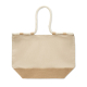 Sac de plage en toile écrue présenté à plat de face sur fond blanc, mettant en évidence la surface principale et la base en jute Sac de plage en toile écrue présenté à plat de face sur fond blanc, mettant en évidence la surface principale et la base en jute