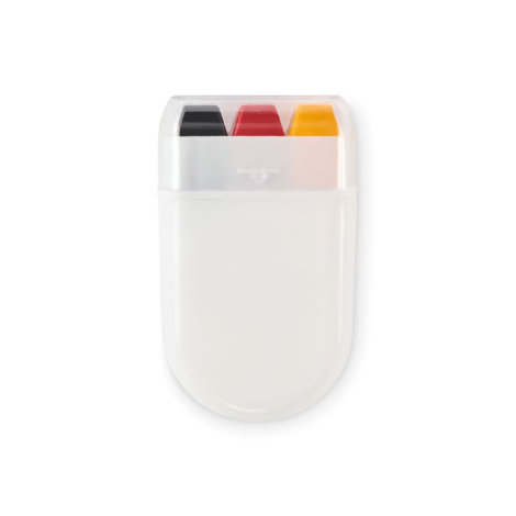 Bâton de maquillage corporel présenté fermé sur fond blanc avec couvercle translucide laissant apparaître les couleurs, sans per