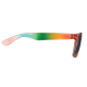 Vue de profil d’une branche de lunettes de soleil arc-en-ciel sur fond blanc, montrant la forme allongée et le dégradé multicolo