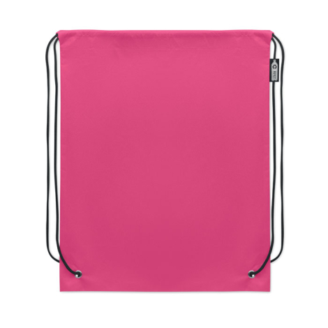 Vue arrière d’un sac à cordon rose présenté à plat sur fond blanc, avec cordons noirs et œillets métalliques en partie basse, sa