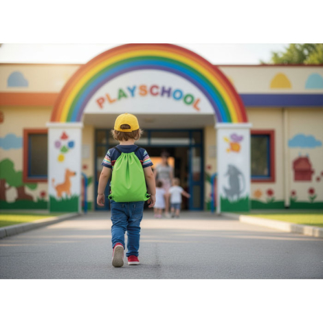 Enfant vu de dos portant un sac à cordon sur le dos devant l’entrée d’une école, sans marquage visible sur le sac.