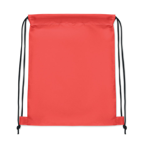 Vue arrière d’un sac à cordon enfant rouge présenté à plat sur fond blanc, avec cordons noirs et coins renforcés en partie basse