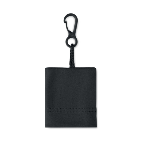 Vue arrière d’une pochette textile noire présentée à plat sur fond blanc avec crochet de suspension, sans personnalisation visib