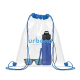 Sac à cordon transparent présenté de face sur fond blanc, avec cordons et renforts bleus, objets visibles à l’intérieur à traver