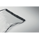 Détail de l’angle supérieur d’un sac à cordon transparent montrant la matière translucide, la bande de finition noire et le pass