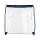 Sac à cordon transparent présenté à plat de face sur fond blanc, sans contenu intérieur, avec cordons et renforts inférieurs vis