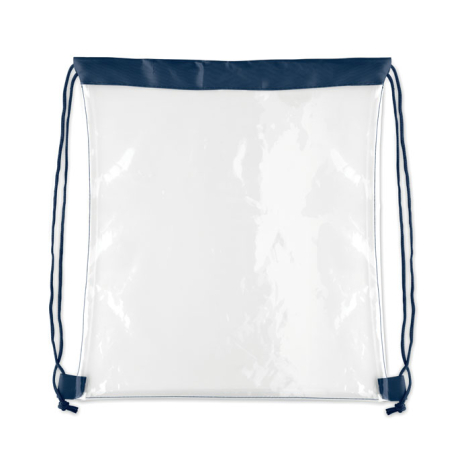 Sac à cordon transparent présenté à plat de face sur fond blanc, sans contenu intérieur, avec cordons et renforts inférieurs vis