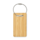 Étiquette de bagage rectangulaire en bambou présentée de face sur fond blanc avec câble métallique positionné en partie haute, s Étiquette de bagage rectangulaire en bambou présentée de face sur fond blanc avec câble métallique positionné en partie haute, s