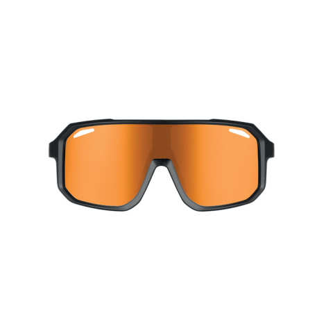Lunettes de sport présentées de face, centrées sur l’écran miroir orangé et la monture noire, branches non visibles, sans marqua