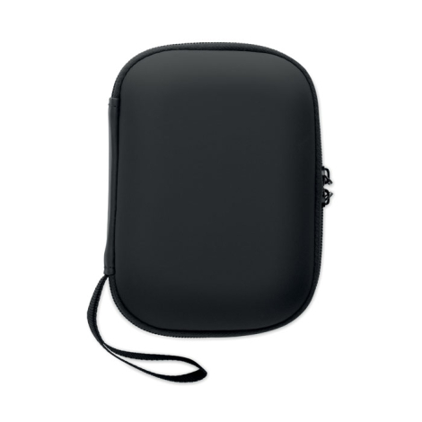 Trousse de premiers secours rectangulaire noire à coque rigide présentée fermée de face, surface extérieure sans personnalisatio