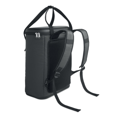 Sac à dos isotherme présenté sur fond blanc vu de dos et de côté, avec bretelles réglables et dos en maille rembourrée visibles,