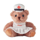 Présenté assis de face sur fond blanc, un ourson en peluche habillé en infirmière avec coiffe blanche à croix rouge et T-shirt b Présenté assis de face sur fond blanc, un ourson en peluche habillé en infirmière avec coiffe blanche à croix rouge et T-shirt b