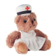 Vue de profil d’un ourson en peluche infirmière assis sur fond blanc, coiffe et tenue blanche visibles, sans marquage visible. Vue de profil d’un ourson en peluche infirmière assis sur fond blanc, coiffe et tenue blanche visibles, sans marquage visible.