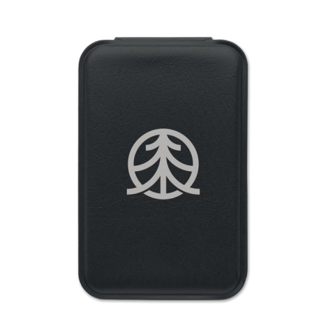 Miroir compact fermé vu de face sur fond blanc, étui en polyuréthane lisse et uniforme, avec personnalisation visible sur la fac