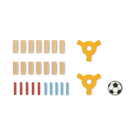 Ensemble des composants du jeu disposé à plat sur fond blanc, incluant pions cylindriques, pièces plates, ballon et bâtons de ma