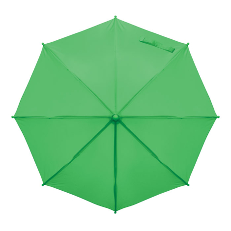 Vu du dessus sur fond blanc, le parapluie enfant est présenté ouvert avec répartition régulière des panneaux de toile visible, s