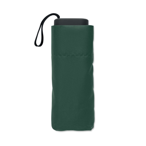 Parapluie compact fermé vu de face sur fond blanc, toile repliée de manière compacte autour du mât, sans marquage visible.