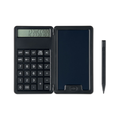 Vue de face d’une calculatrice ouverte sur fond clair, avec clavier et écran de calcul à gauche, tablette LCD à droite et stylet