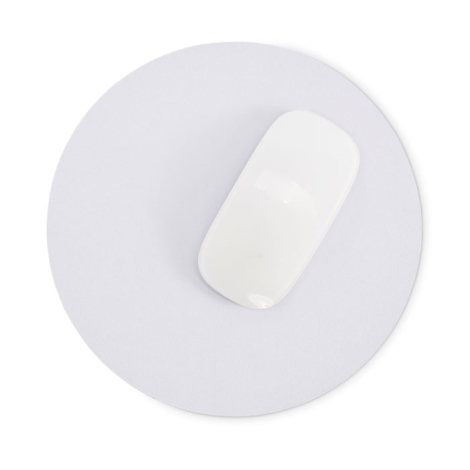 Tapis de souris rond vu côté verso, surface claire avec élément de support blanc fixé, sans marquage visible.