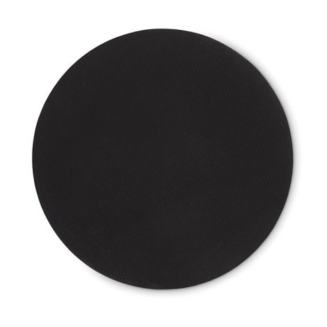 Tapis de souris rond vu côté verso, surface noire uniforme en caoutchouc antidérapant, sans personnalisation apparente.