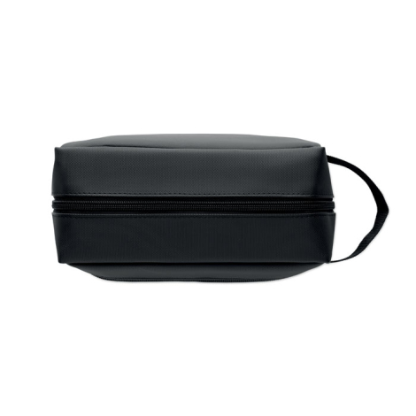 Trousse de toilette vue de dessous montrant la base rectangulaire et la continuité de la fermeture zippée, sans marquage visible