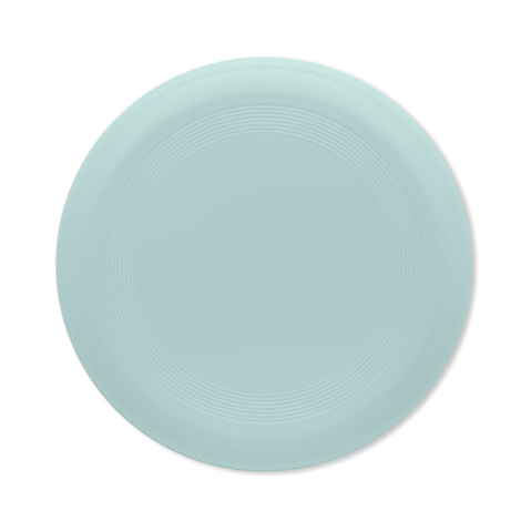 Frisbee circulaire vert clair présenté à plat, vue de dessus avec surface lisse et cercles concentriques, sans marquage visible.