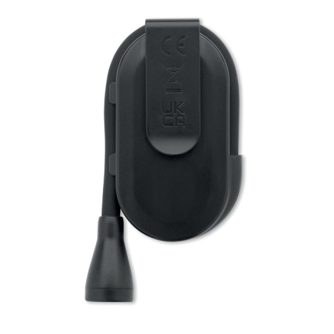 Lampe de lecture LED vue de dos, montrant le clip de fixation et les marquages réglementaires, sans personnalisation visible.