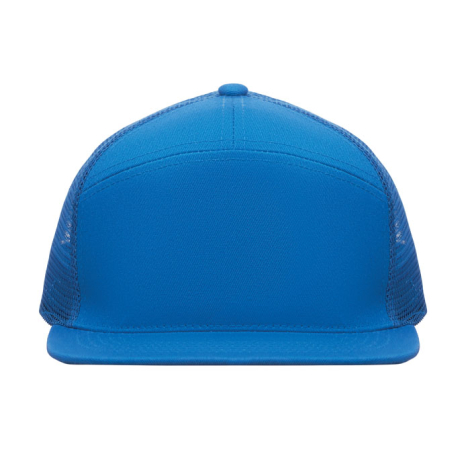 Casquette à visière plate vue frontale centrée, panneau avant plein et panneaux latéraux en maille, sans personnalisation visibl
