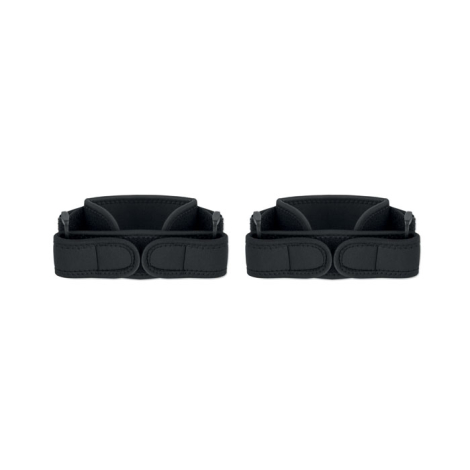 Jeu de deux genouillères présenté à plat sur fond blanc, vues de l’arrière avec systèmes de maintien et surfaces textiles visibl