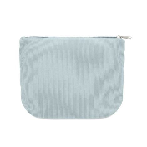 Trousse en velours côtelé présentée fermée sur fond blanc, vue de face avec surface textile uniforme et zip visible, sans person