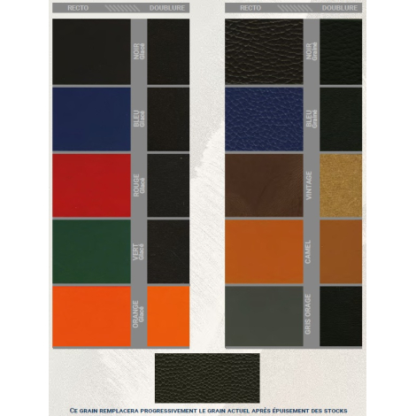Nuancier de matières présentant plusieurs coloris, distinction entre faces extérieures et intérieures, sans marquage visible.
