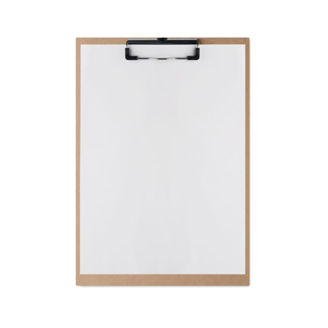 Porte-bloc A4 présenté de face avec feuille blanche insérée, couverture en carton brun et pince métallique apparente, sans marqu