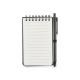 Bloc-notes présenté ouvert sur fond neutre montrant des pages lignées blanches et le stylo noir fixé sur le côté, sans marquage Bloc-notes présenté ouvert sur fond neutre montrant des pages lignées blanches et le stylo noir fixé sur le côté, sans marquage