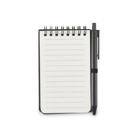 Bloc-notes présenté ouvert sur fond neutre montrant des pages lignées blanches et le stylo noir fixé sur le côté, sans marquage 