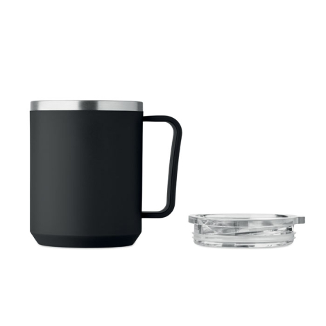 Mug à double paroi avec anse présenté de profil sur fond neutre avec couvercle transparent posé à côté, sans personnalisation vi