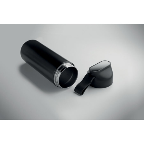 Bouteille à double paroi présentée couchée avec le couvercle séparé et l’intérieur visible, sans personnalisation apparente.