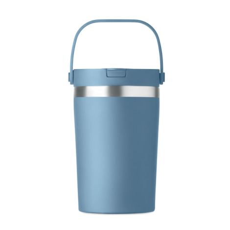 Gobelet isotherme double paroi bleu clair vu de dos sur fond blanc avec anse de transport relevée, sans personnalisation visible