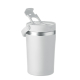 Gobelet isotherme double paroi gris clair debout sur fond blanc avec couvercle 2-en-1 ouvert et anse latérale rabattue, sans mar